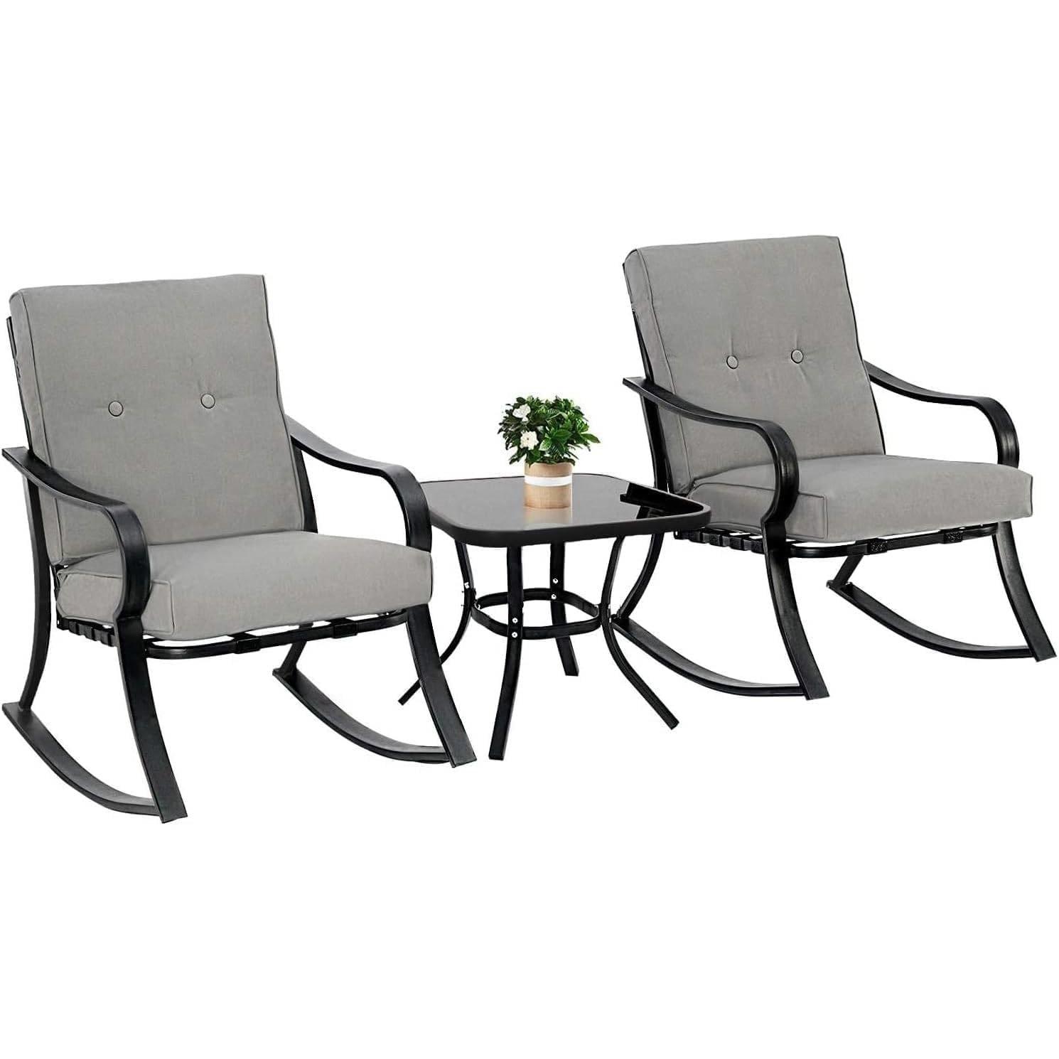 Outdoor 3-Piece Patio Furniture Table Rocking Chairs Set with Grey Cushions - PRHOMZ