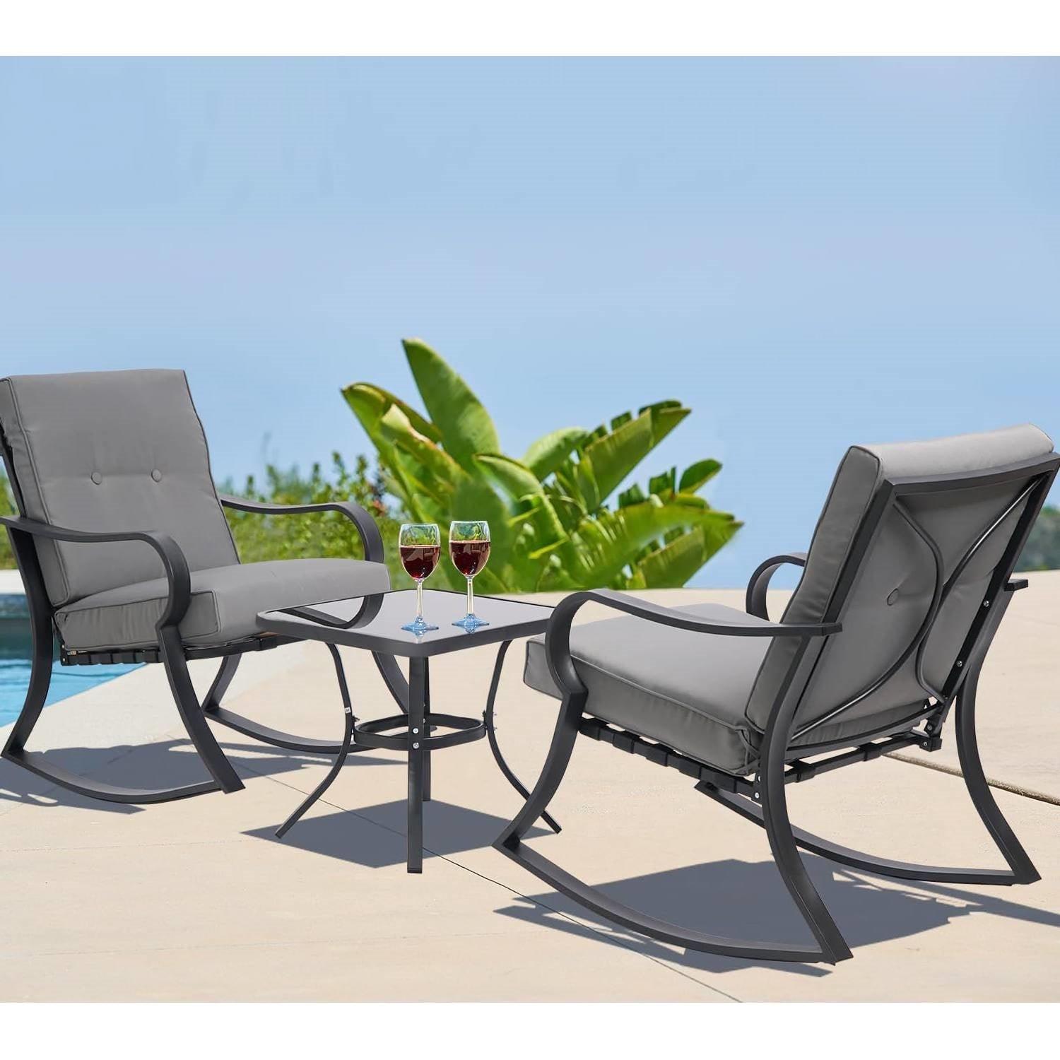 Outdoor 3-Piece Patio Furniture Table Rocking Chairs Set with Grey Cushions - PRHOMZ