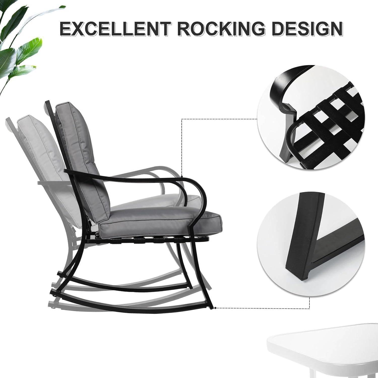 Outdoor 3-Piece Patio Furniture Table Rocking Chairs Set with Grey Cushions - PRHOMZ