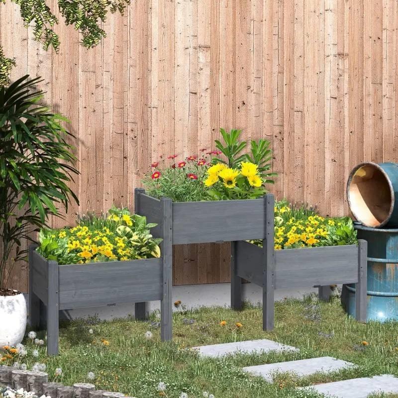 3 Grey Wood Elevated Planter Set Vegetable Herb Flowers Raised Garden Beds - PRHOMZ