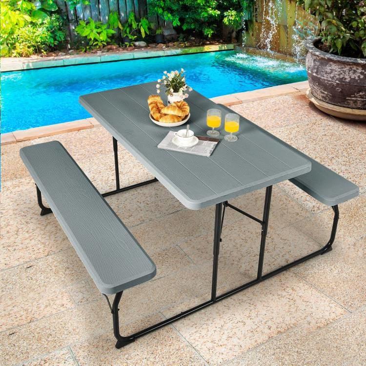 Grey Folding Picnic Table with 2 Benches Outdoor Patio Dining Set - PRHOMZ