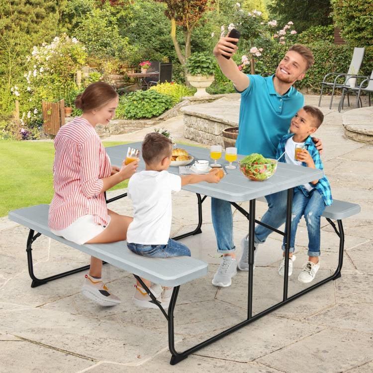 Grey Folding Picnic Table with 2 Benches Outdoor Patio Dining Set - PRHOMZ