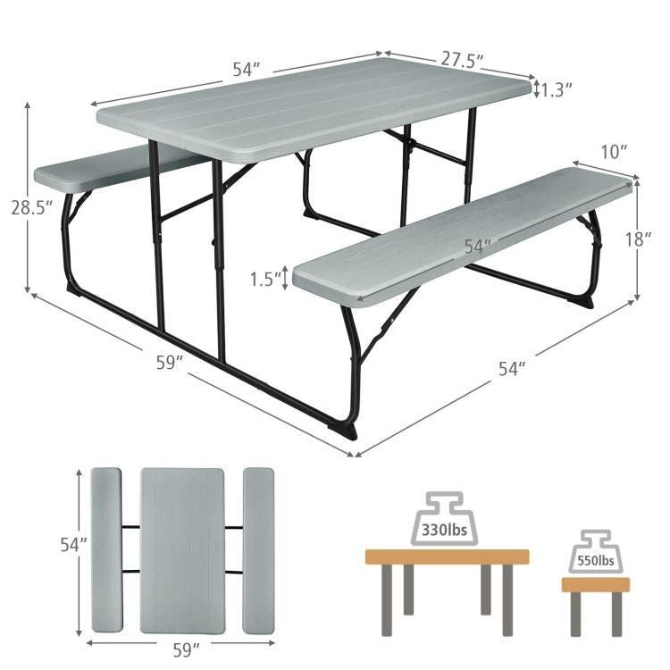Grey Folding Picnic Table with 2 Benches Outdoor Patio Dining Set - PRHOMZ