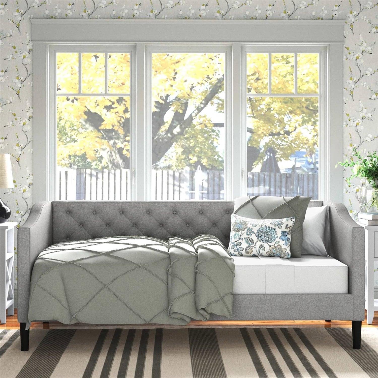 Twin size Modern Grey Fabric Upholstered Button-Tufted Daybed - PRHOMZ