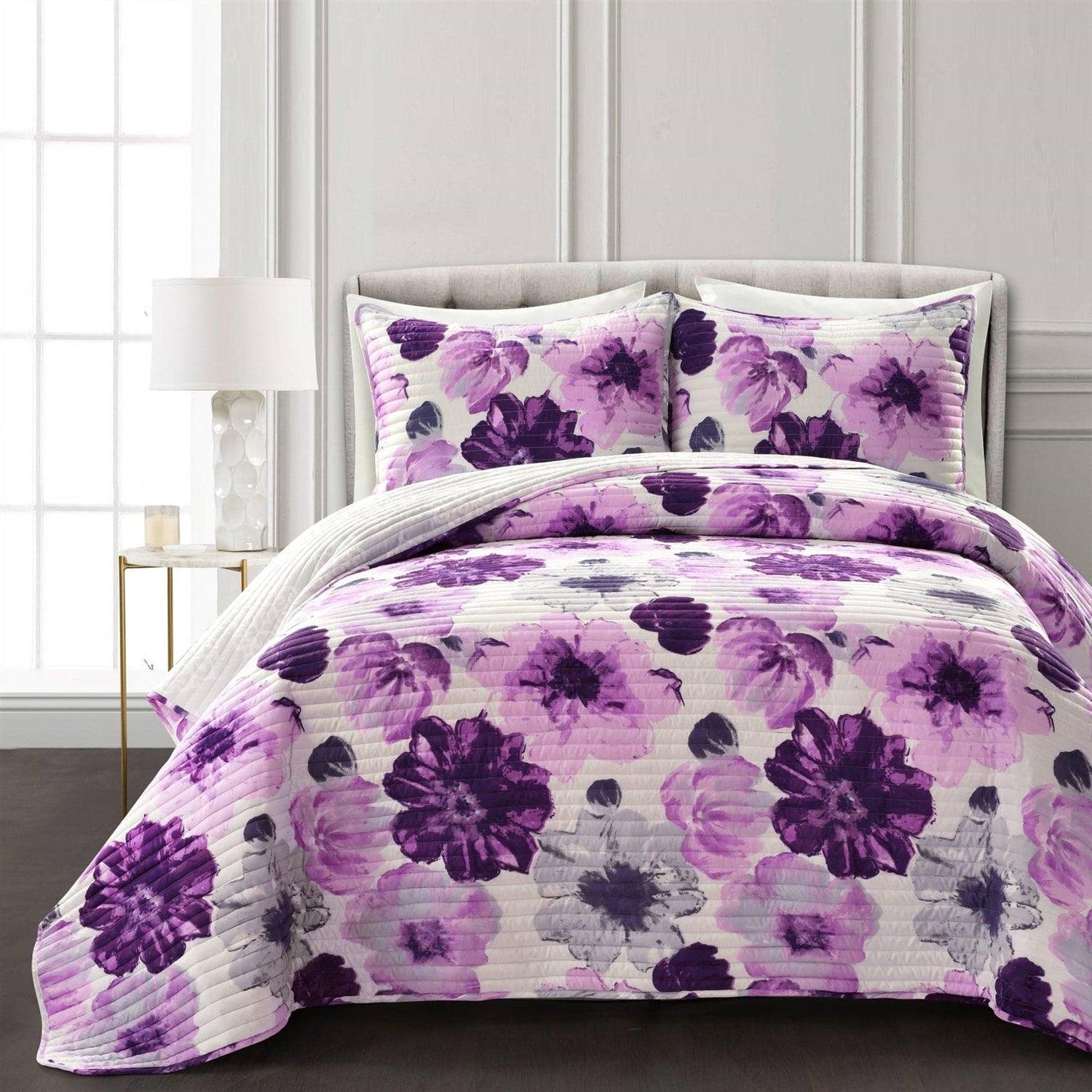 King size Purple Grey Flowers Lightweight Polyester Microfiber Quilt Set - PRHOMZ