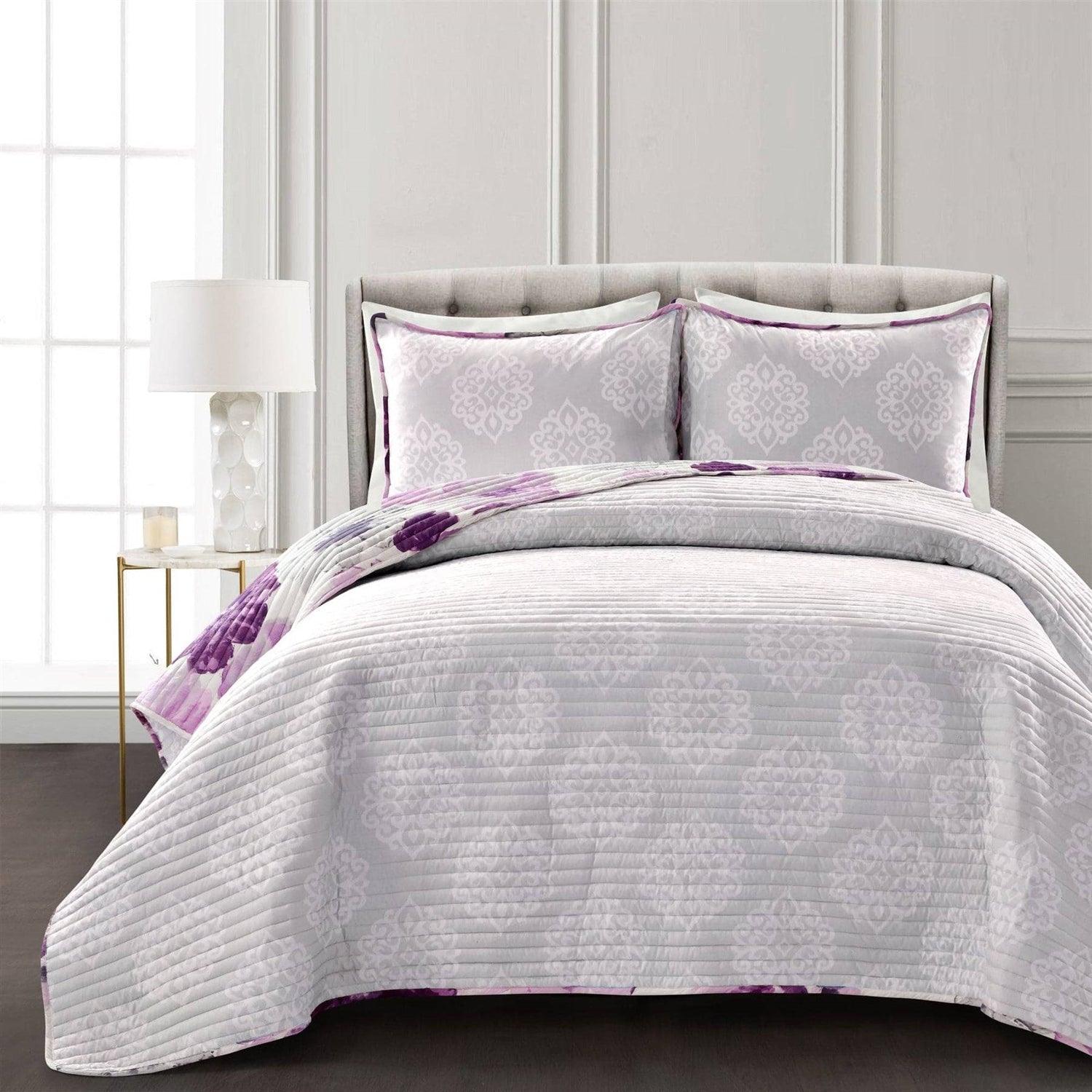 King size Purple Grey Flowers Lightweight Polyester Microfiber Quilt Set - PRHOMZ