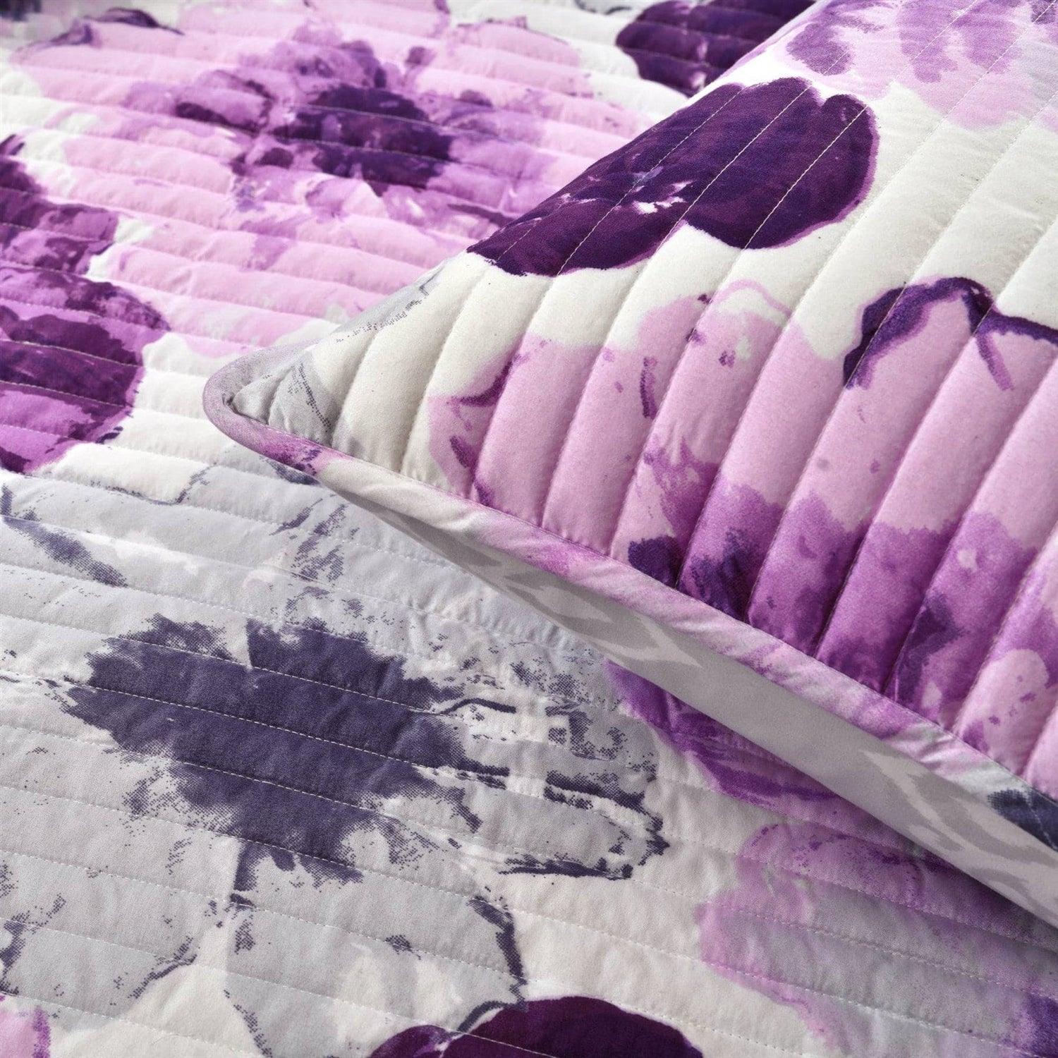 King size Purple Grey Flowers Lightweight Polyester Microfiber Quilt Set - PRHOMZ
