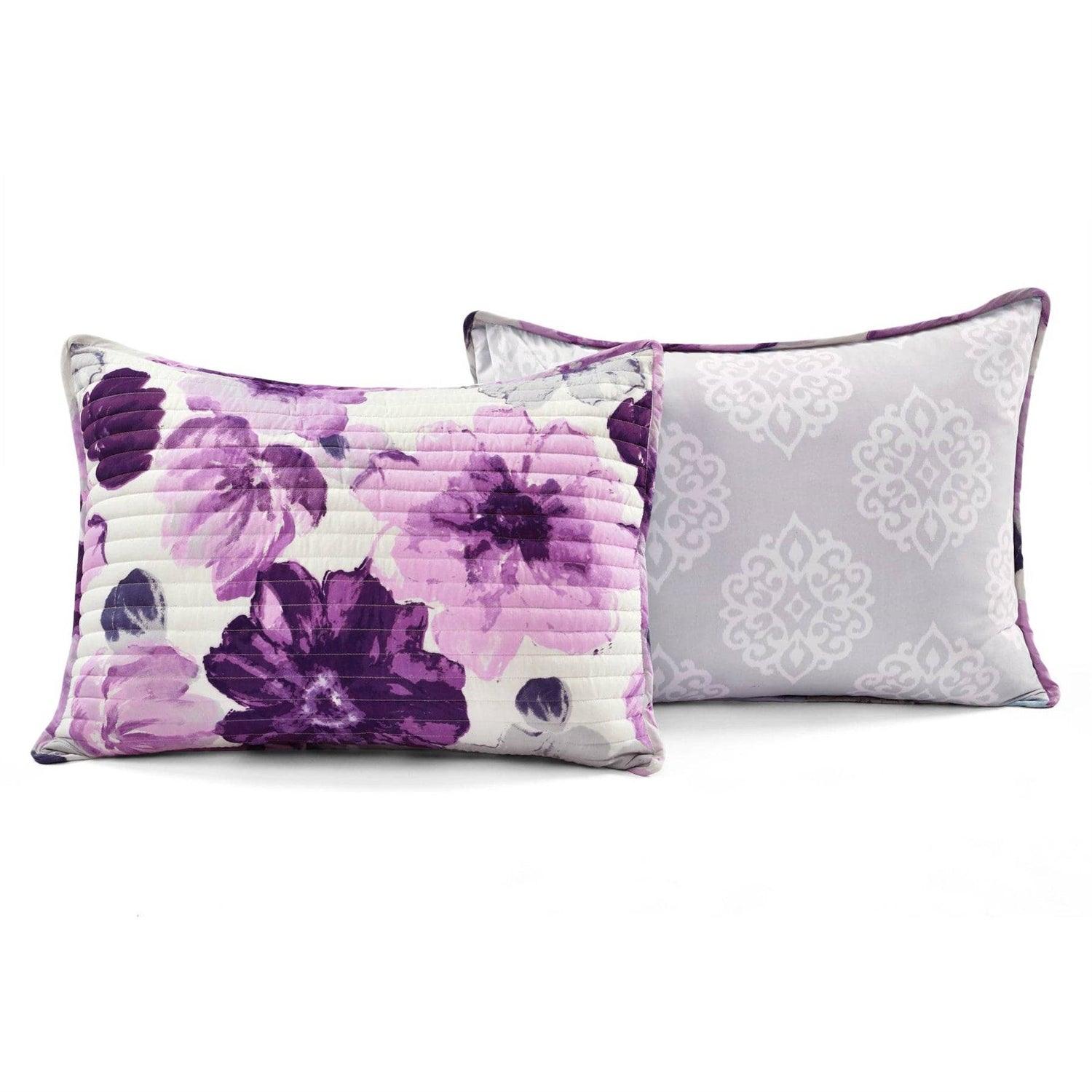 King size Purple Grey Flowers Lightweight Polyester Microfiber Quilt Set - PRHOMZ