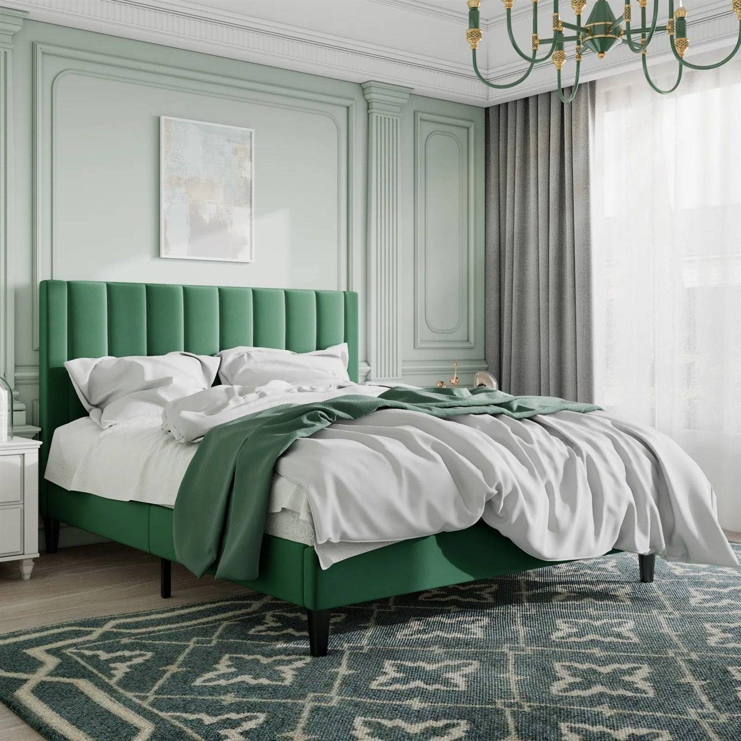 Queen size Modern Green Velvet Upholstered Platform Bed with Headboard - PRHOMZ