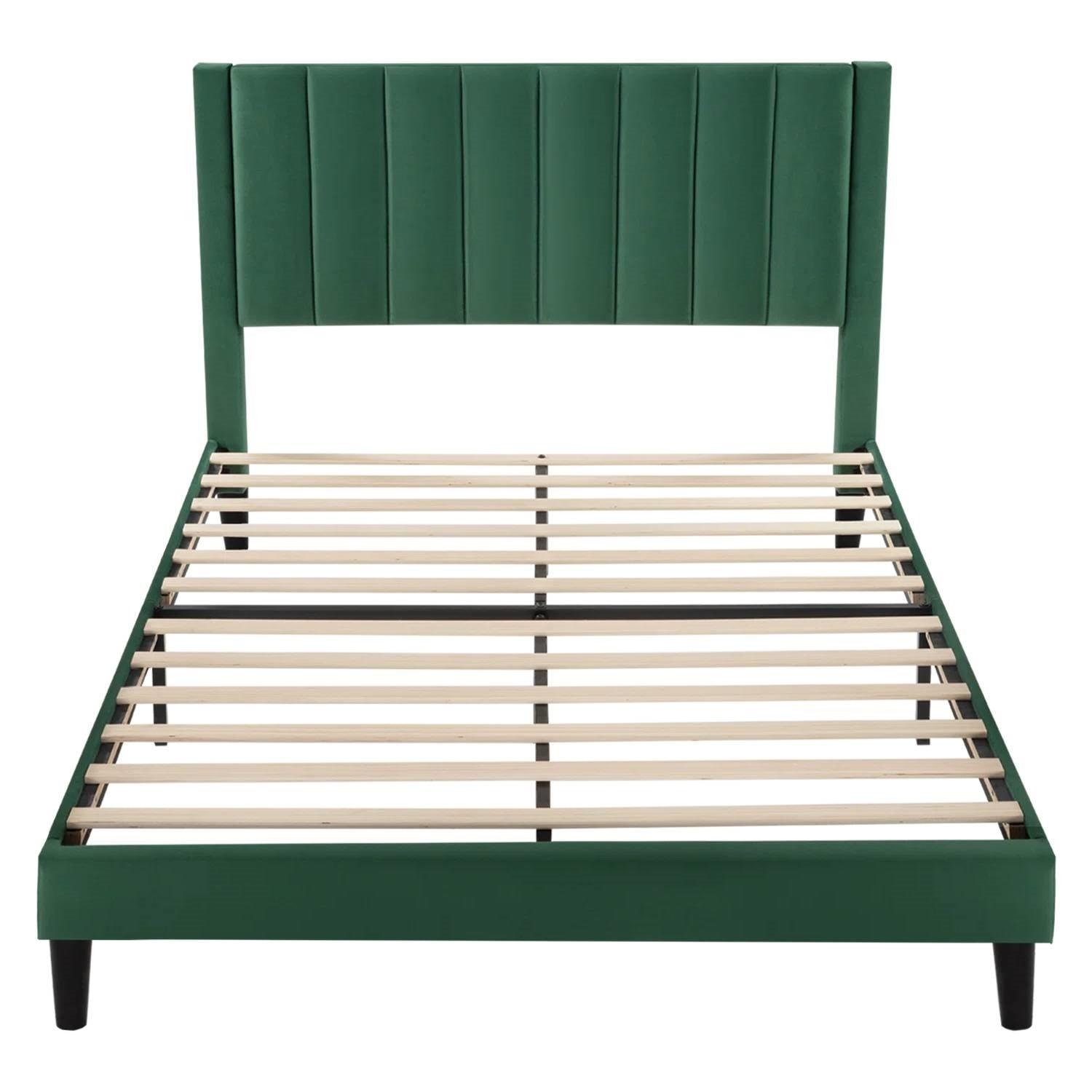 Queen size Modern Green Velvet Upholstered Platform Bed with Headboard - PRHOMZ
