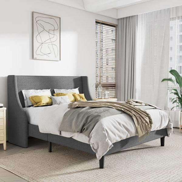 Queen Size Grey Linen Blend Upholstered Platform Bed with Wingback Headboard - PRHOMZ