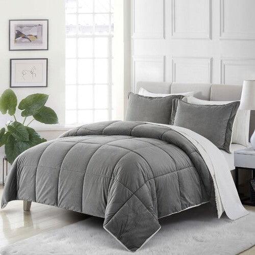 Queen Plush Microfiber Reversible Comforter Set in Grey - PRHOMZ
