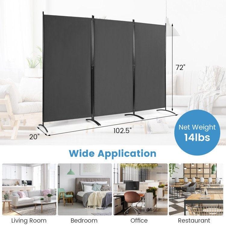 6-Ft Grey 3-Panel Room Divider Screen with Steel Base and Heavy Duty Hinges - PRHOMZ