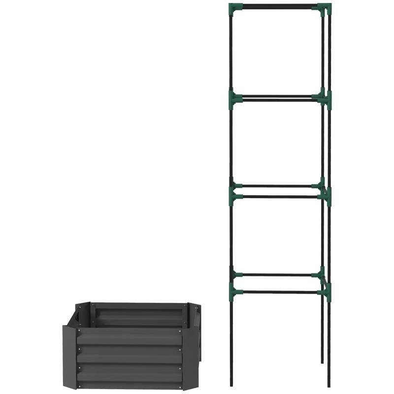 Grey Galvanized Open Bottom Raised Garden Bed Planter with Tomato Cage Trellis - PRHOMZ