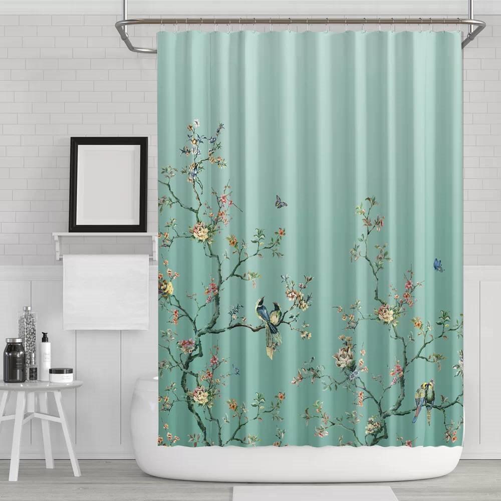 72-in. Teal Blue Green Floral Tree Bird Butterfly Japanese Style Shower Curtain - PRHOMZ