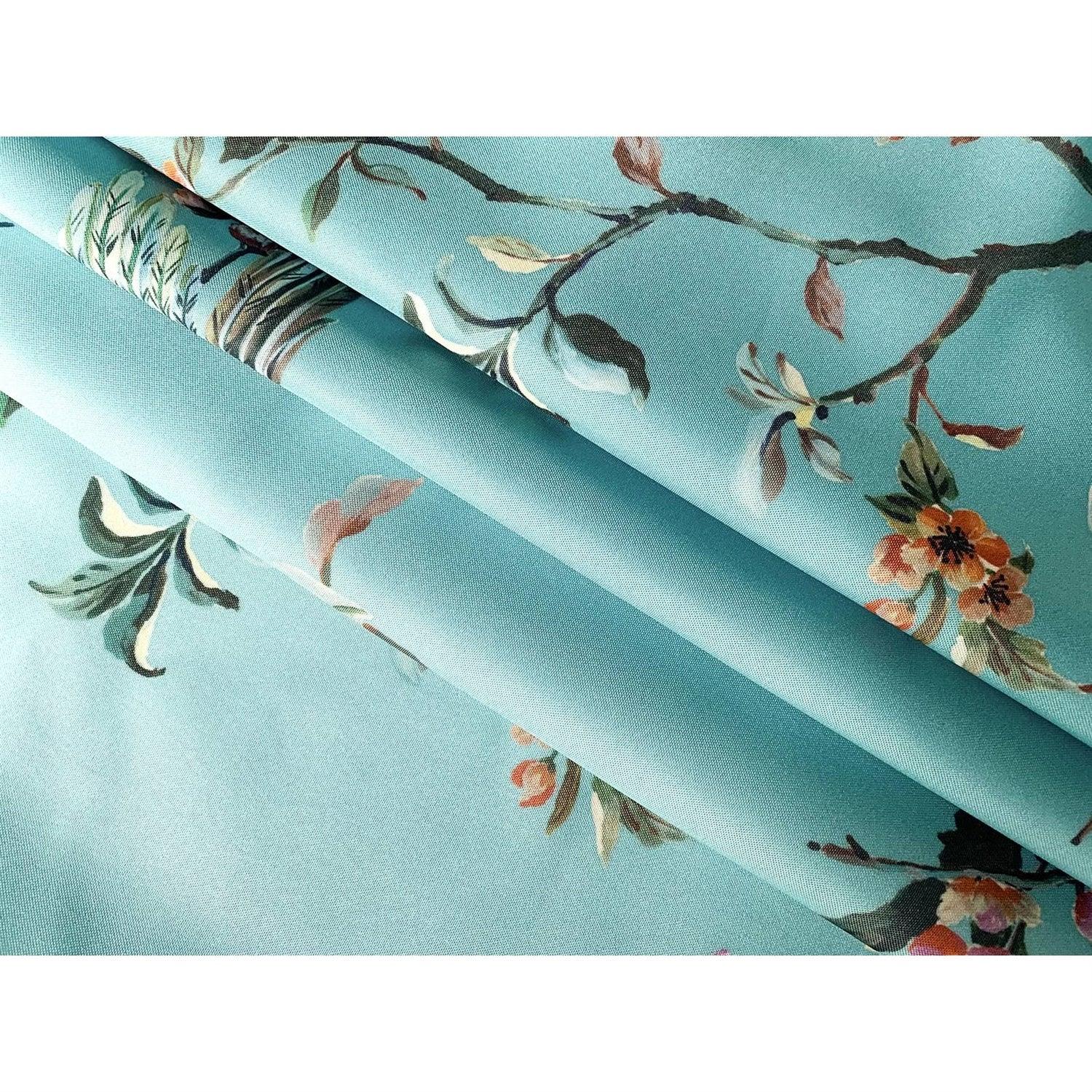 72-in. Teal Blue Green Floral Tree Bird Butterfly Japanese Style Shower Curtain - PRHOMZ