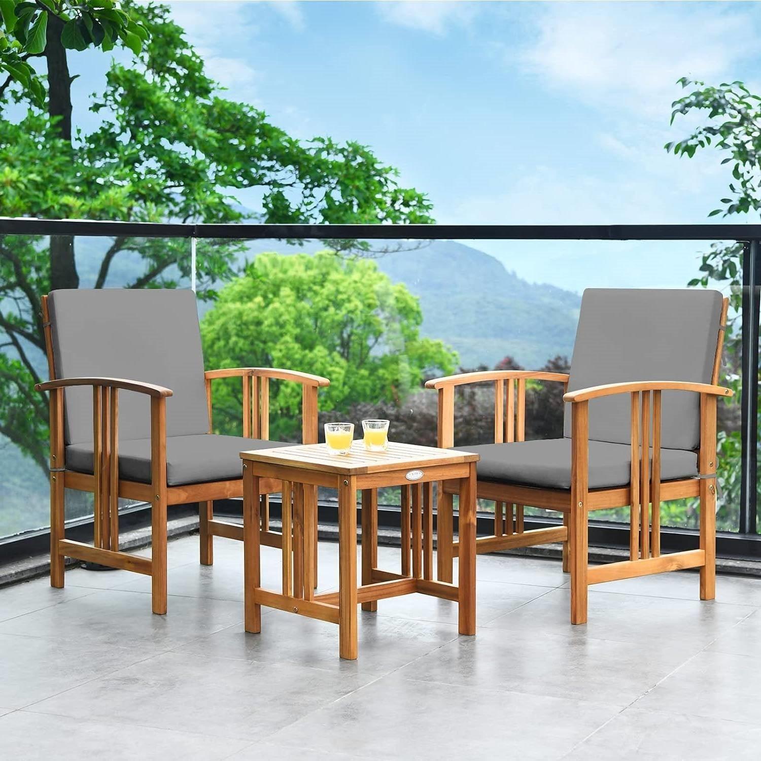 3-Piece Solid Wood Outdoor Patio Furniture Chairs Table Set with Grey Cushions - PRHOMZ
