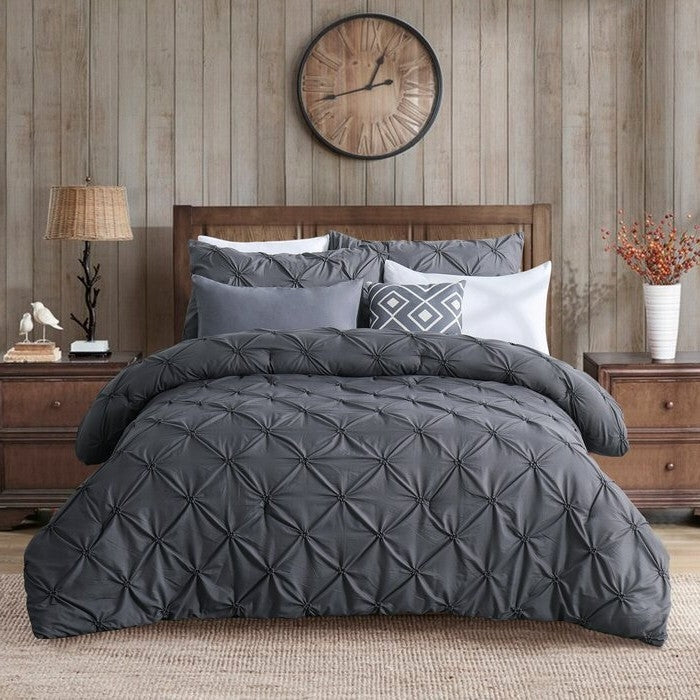 Twin Size All Season Pleated Hypoallergenic Microfiber Reversible 2 Piece Comforter Set in Gray-0