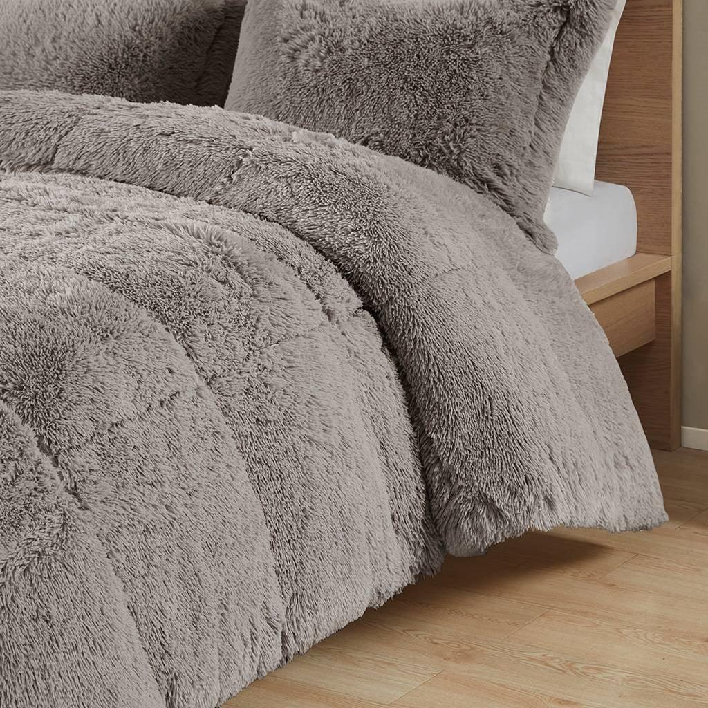 Twin/Twin XL Grey Soft Sherpa Faux Fur 2-Piece Comforter Set with Pillow Shams - PRHOMZ