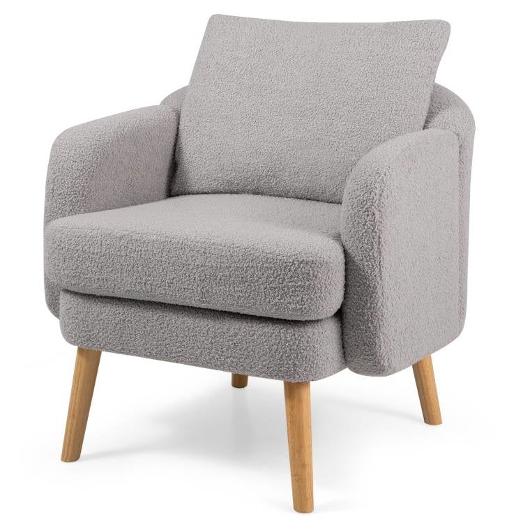 Modern Grey Sherpa Fabric Upholstered Accent Chair with Wooden Legs-4