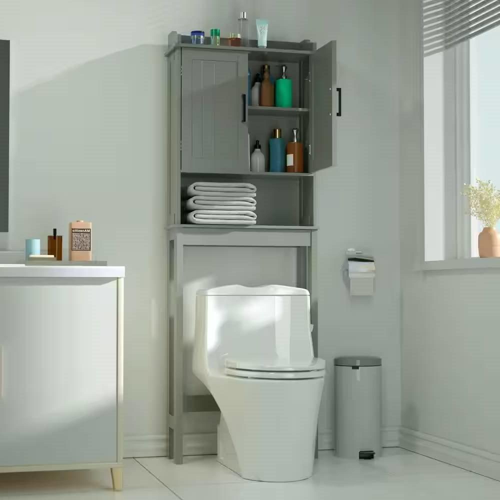 Over the Toilet Bathroom Storage Cabinet Shelving Unit in Grey Wood Finish - PRHOMZ