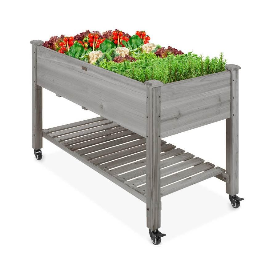 Outdoor Grey Wood Raised Garden Bed Planter Box with Shelf and Locking Wheels - PRHOMZ