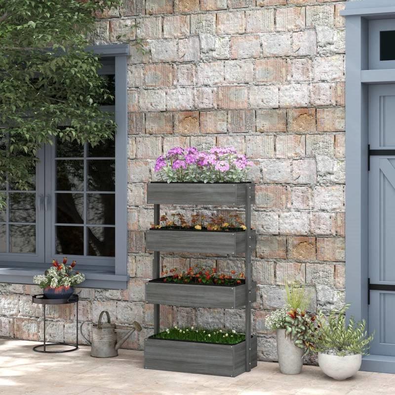 4 Tier Vertical Wooden Planter Box Raised Bed Grey - PRHOMZ