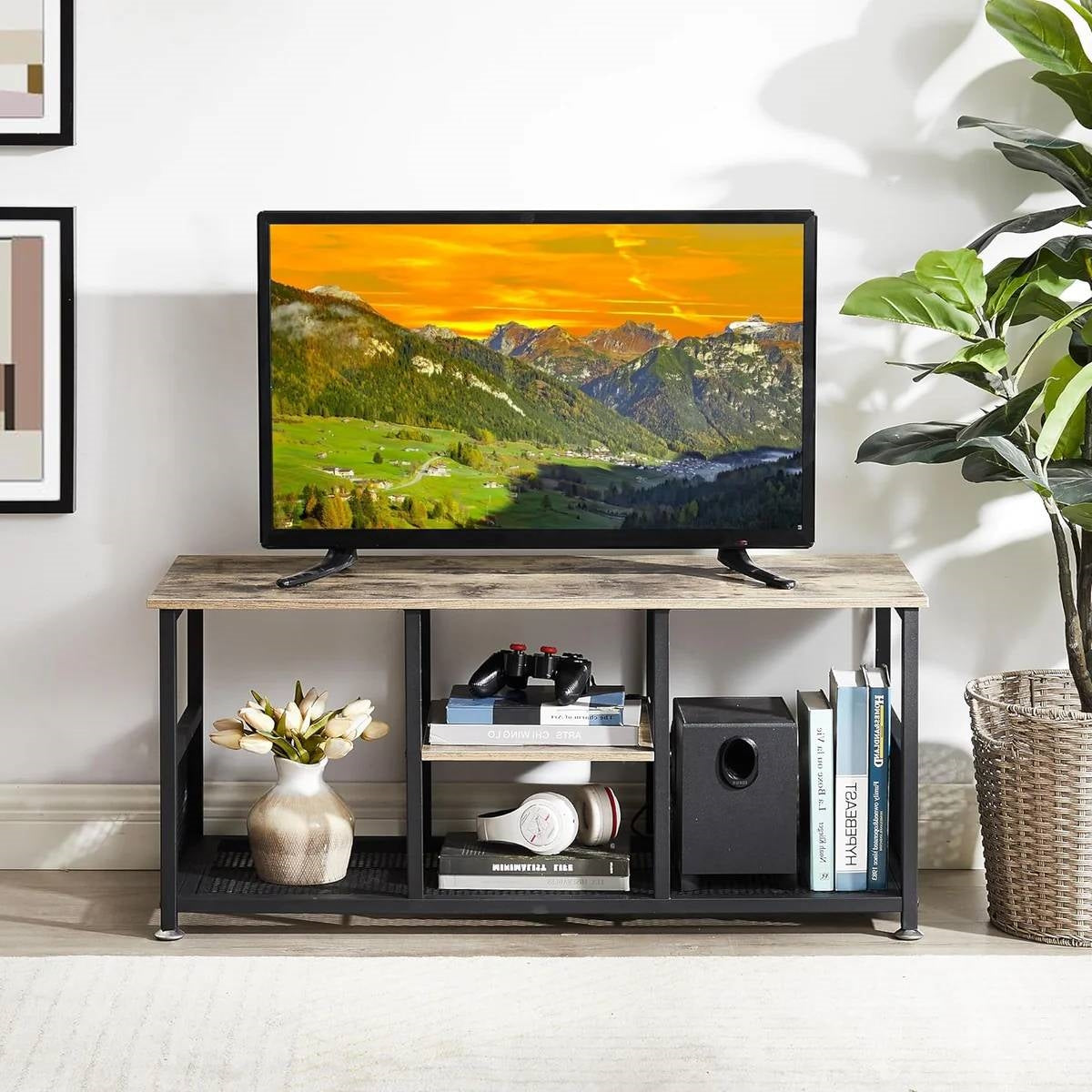 Industrial Modern Black Metal Grey Wood TV Stand with Media Storage Shelf-0