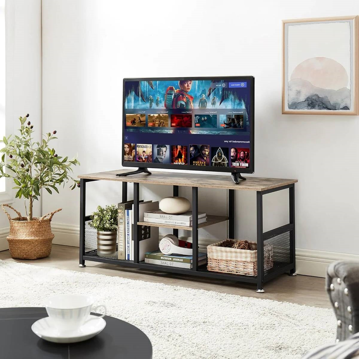 Industrial Modern Black Metal Grey Wood TV Stand with Media Storage Shelf-2