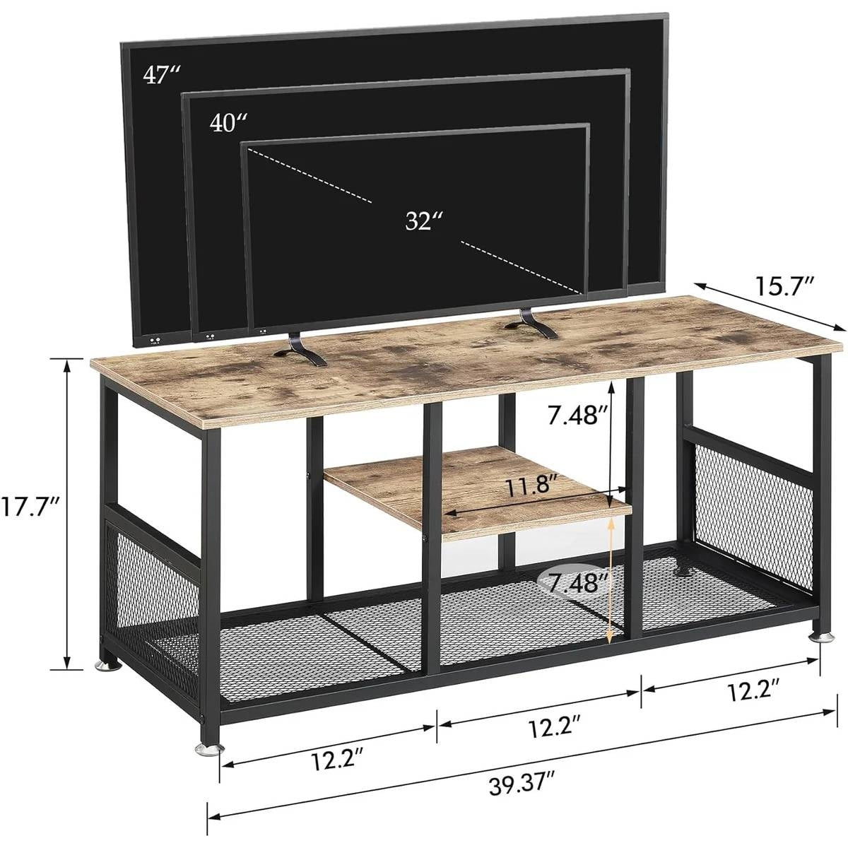 Industrial Modern Black Metal Grey Wood TV Stand with Media Storage Shelf-4