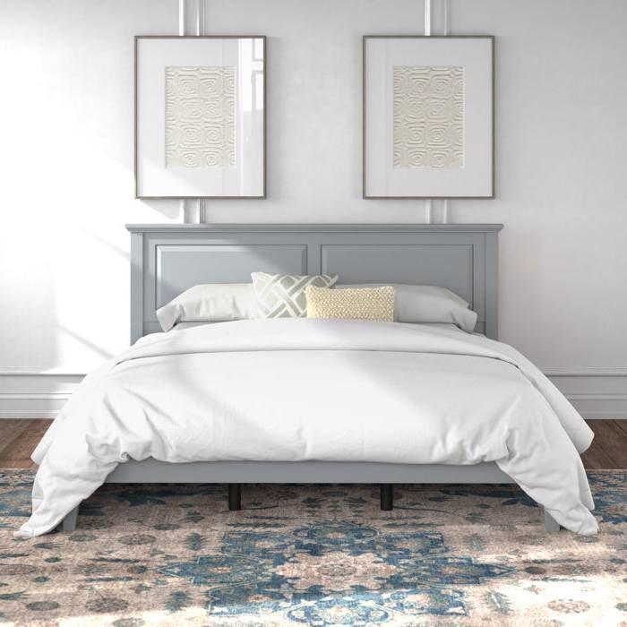King Traditional Solid Oak Wooden Platform Bed Frame with Headboard in Grey - PRHOMZ