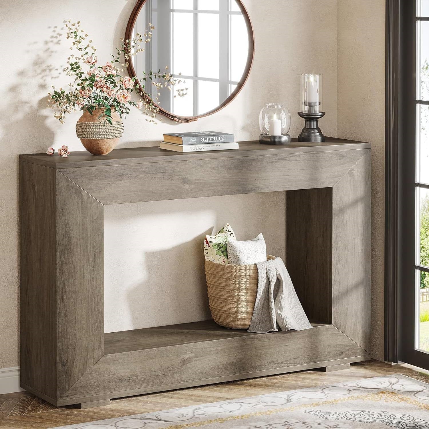 Modern Farmhouse 47-inch Long Entryway / Console Table in Grey Wood Finish-2