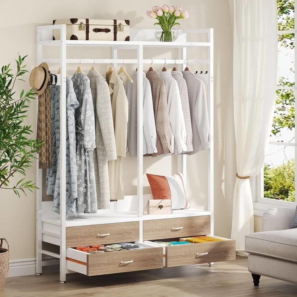 Freestanding White Oak Garment Rack Clothes Hanging Rod with 4 Storage Drawers - PRHOMZ
