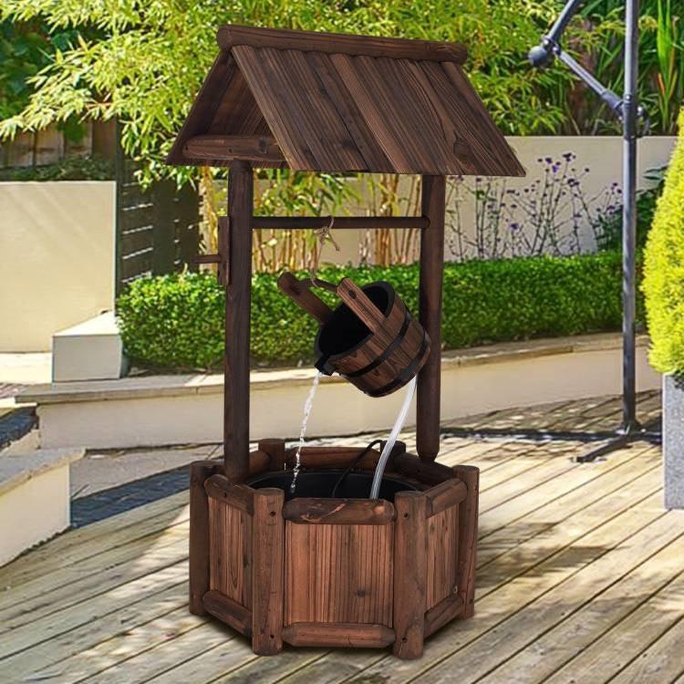 Outdoor Patio Garden Solid Wood Wishing Well Water Fountain with Pump - PRHOMZ