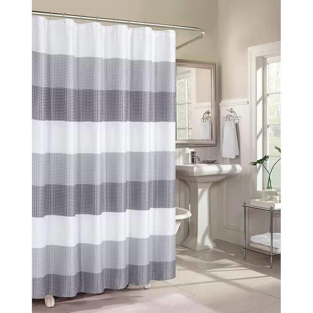 72-inch Grey White Striped Luxurious Textured Polyester Fabric Shower Curtain - PRHOMZ