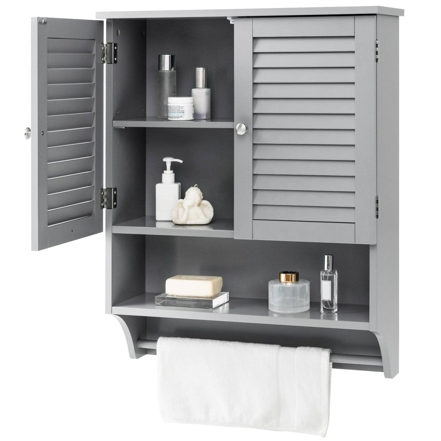 Grey Wall-Mounted Bathroom Medicine Cabinet with Louver Doors and Towel Bar-0