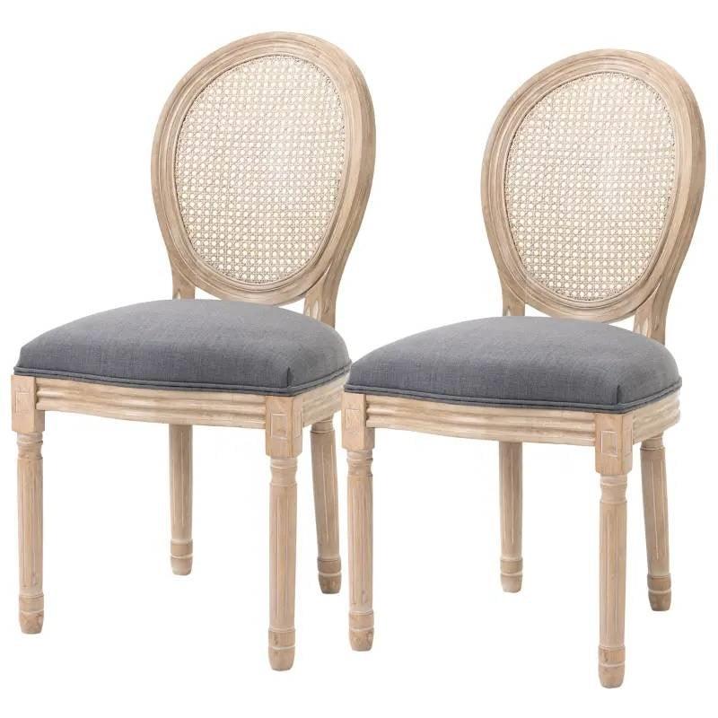 Set of 2 Vintage Upholstered Armless Rattan Back Dining Chairs Grey Wash - PRHOMZ