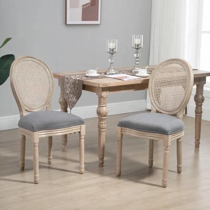 Set of 2 Vintage Upholstered Armless Rattan Back Dining Chairs Grey Wash - PRHOMZ