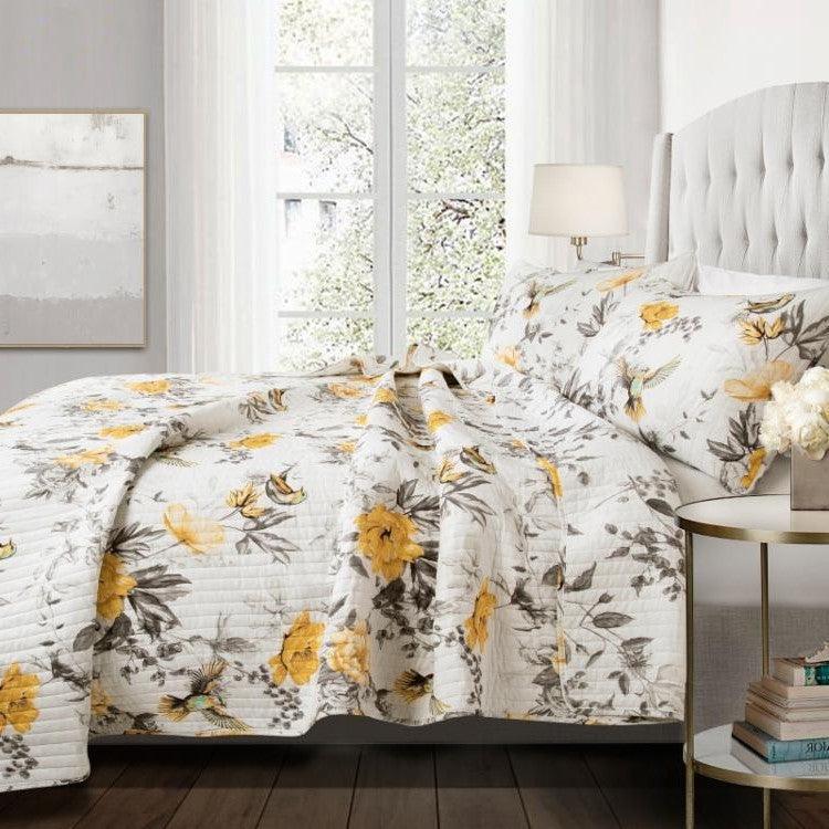 King size 3 Piece White Yellow Grey Reversible Floral Birds Cotton Quilt Set - PRHOMZ