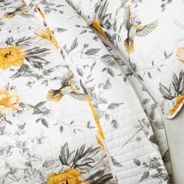 King size 3 Piece White Yellow Grey Reversible Floral Birds Cotton Quilt Set - PRHOMZ