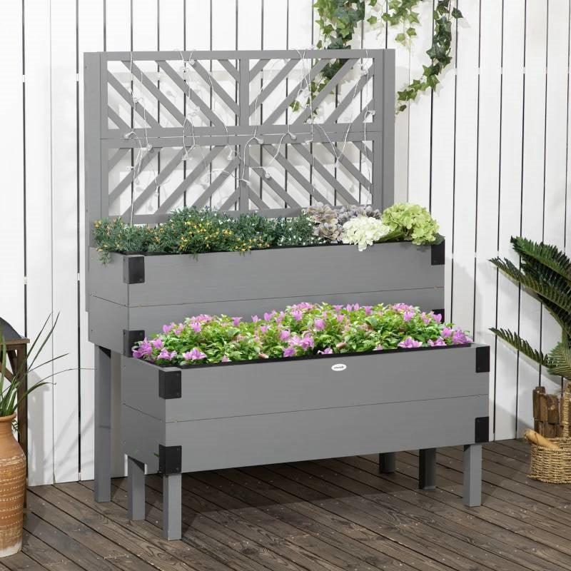 2 Tier Self Draining Grey Wood Raised Garden Bed Planter Box with Trellis - PRHOMZ