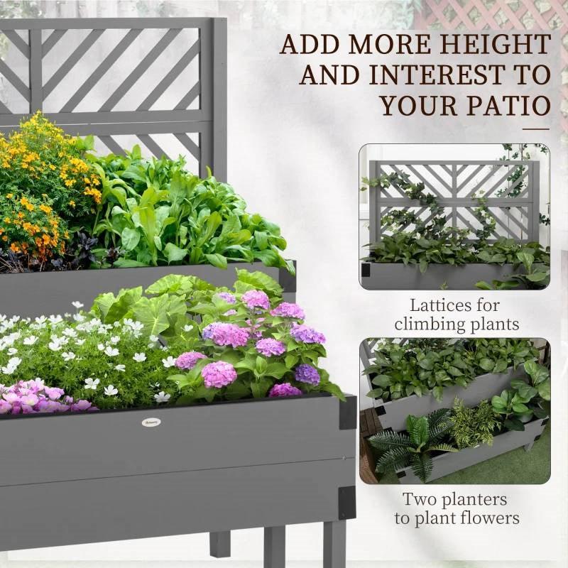2 Tier Self Draining Grey Wood Raised Garden Bed Planter Box with Trellis - PRHOMZ