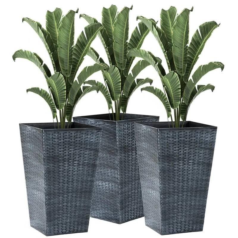 Set of 3 - Grey Faux Rattan Plastic Tall Large Flower Pots - PRHOMZ