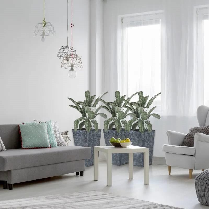 Set of 3 - Grey Faux Rattan Plastic Tall Large Flower Pots - PRHOMZ