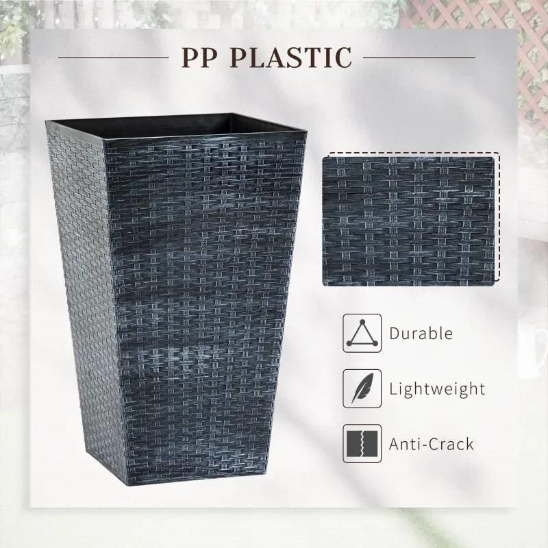 Set of 3 - Grey Faux Rattan Plastic Tall Large Flower Pots - PRHOMZ
