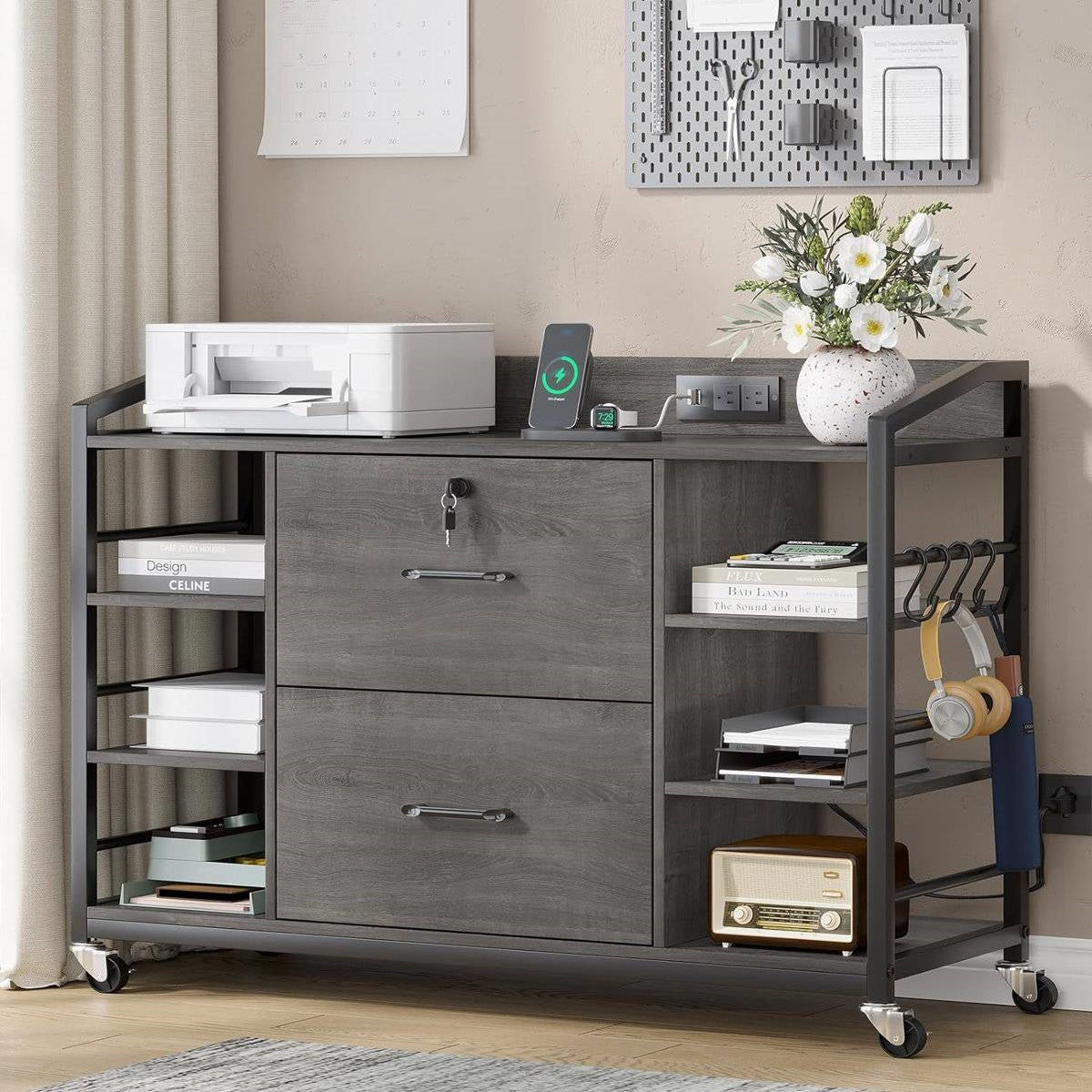 Grey Printer Stand Bookcase Power Station Mobile Office File Cabinet-0