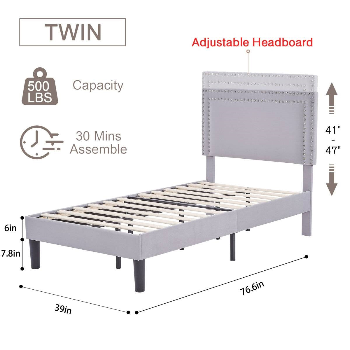 Set of 2 - Twin size Grey Upholstered Platform Bed Frame with Headboard-4