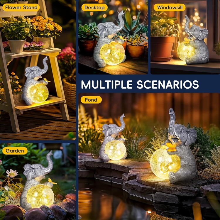Gigalumi Outdoor Solar Elephant Garden Statue Decor with Glass Globe Light(1 Pack)-1