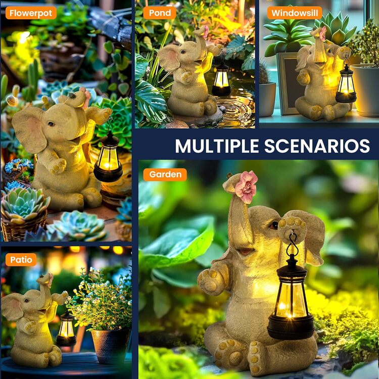 Gigalumi Solar Elephant Garden Statue with Lantern for Patio, Balcony(1 Pack)-1