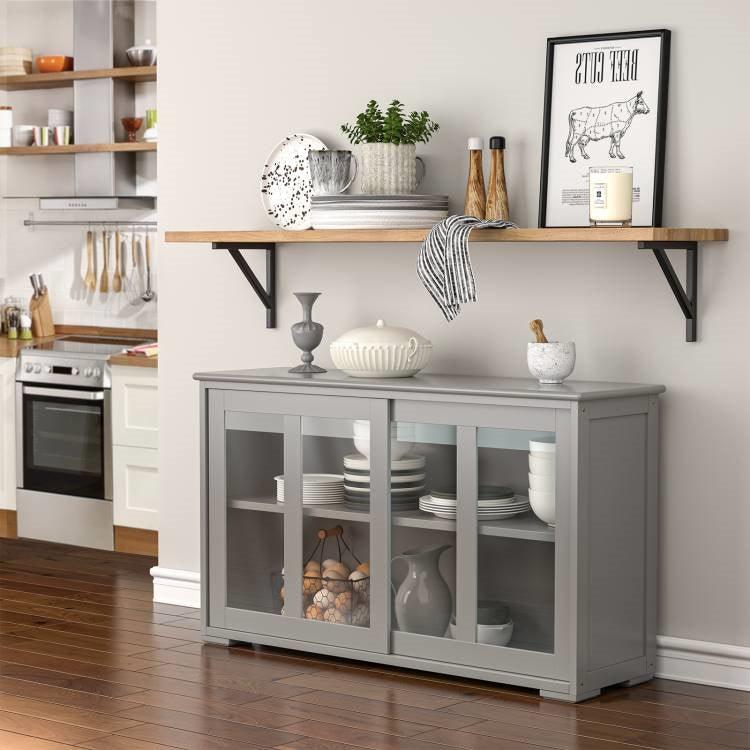 Grey Wood Buffet Kitchen Dining Sideboard Storage Cabinet w/ Glass Sliding Door - PRHOMZ